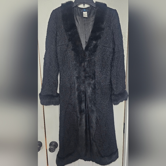Sue Wong "Nocturne" duster coat featuring a black French ribbon appliqué fauxFur - Picture 1 of 13